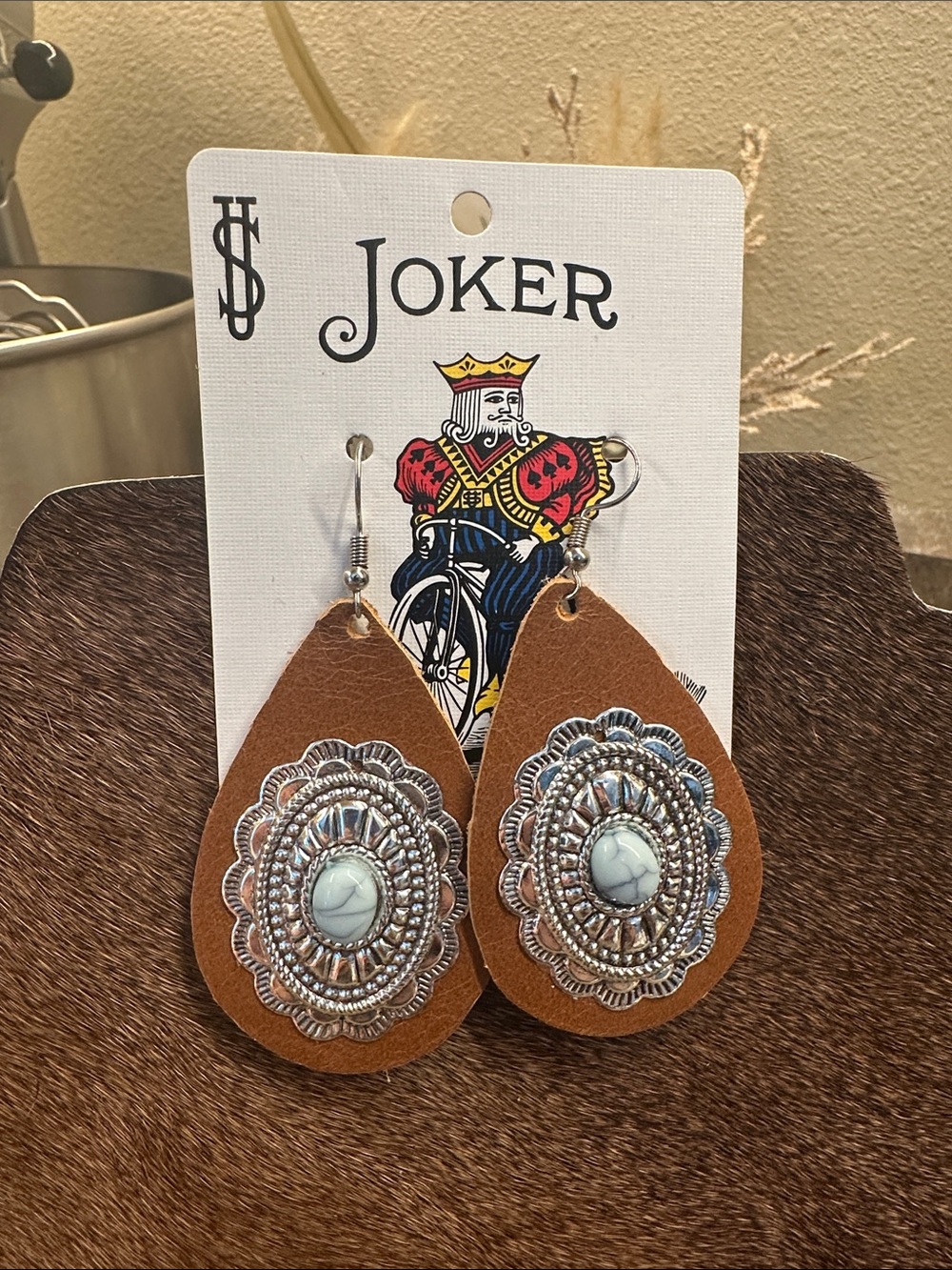 Leather Teardrop Earrings with Silver Turquoise Center